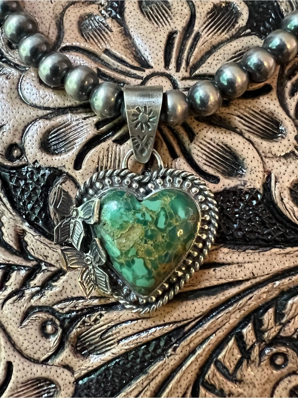 Sterling Silver Green Kingman Turquoise Heart Pendant | Southwestern - Picture 8 of 12